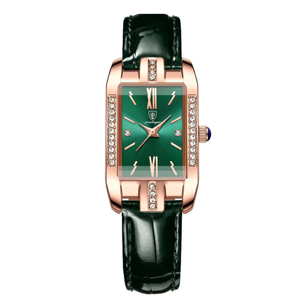 female wrist watch genuine leather green face